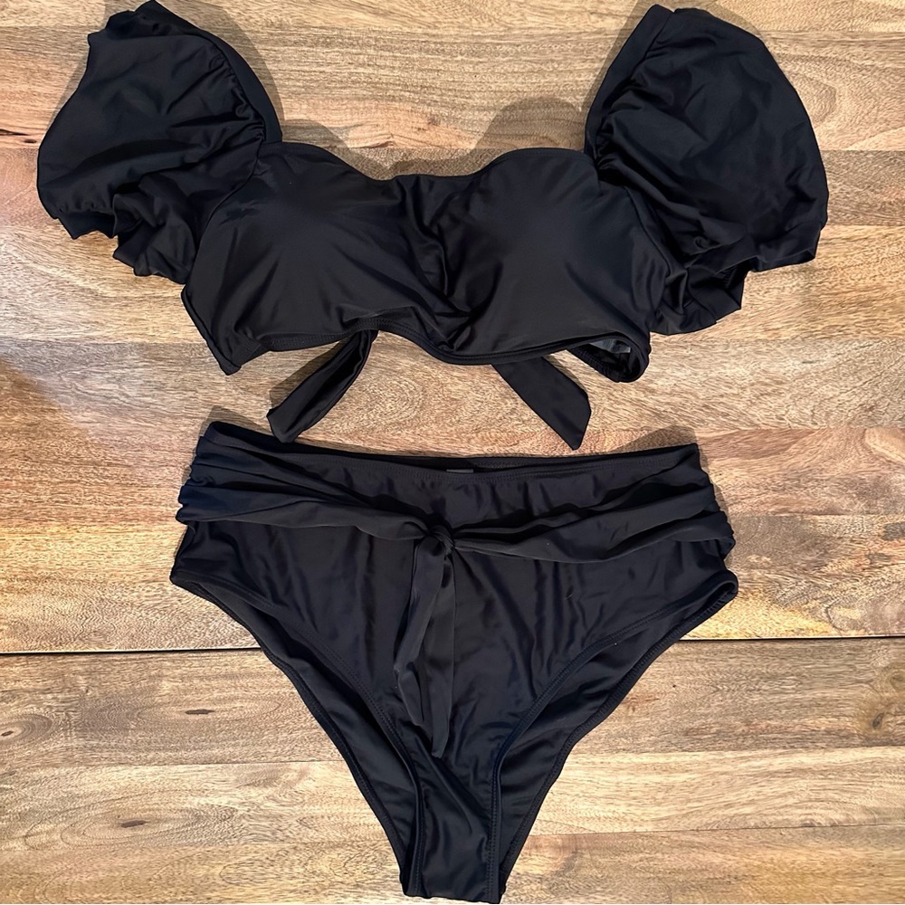 Black NWOT Puff Sleeve Bikini Top w/High Rise Full Coverage Bottoms Sz XL